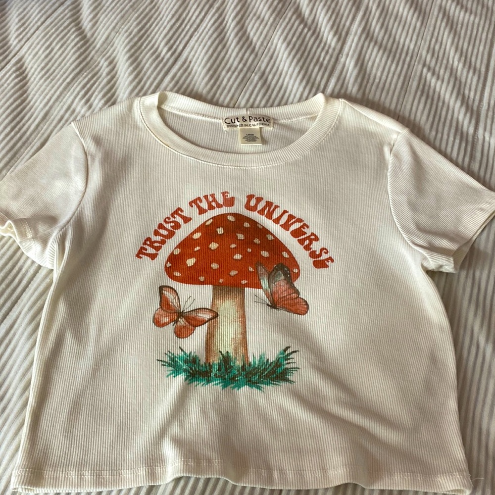 Cut and paste mushroom crop top “ Trust The Universe”